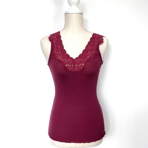 BCBGMaxAzria Silk Rib Knit Lace Burgundy V-Neck Tank Top - Picture 1 of 6